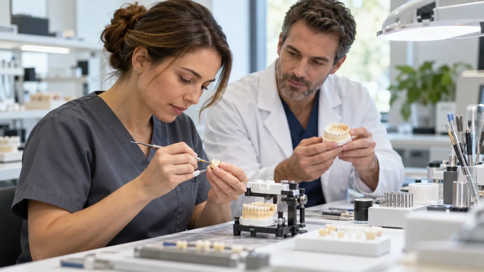 Dental technician shaping a crown while a dentist reviews a model