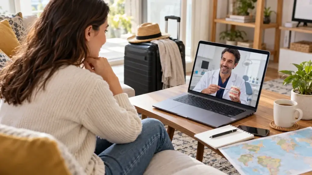 Patient reviewing travel and dental treatment documents