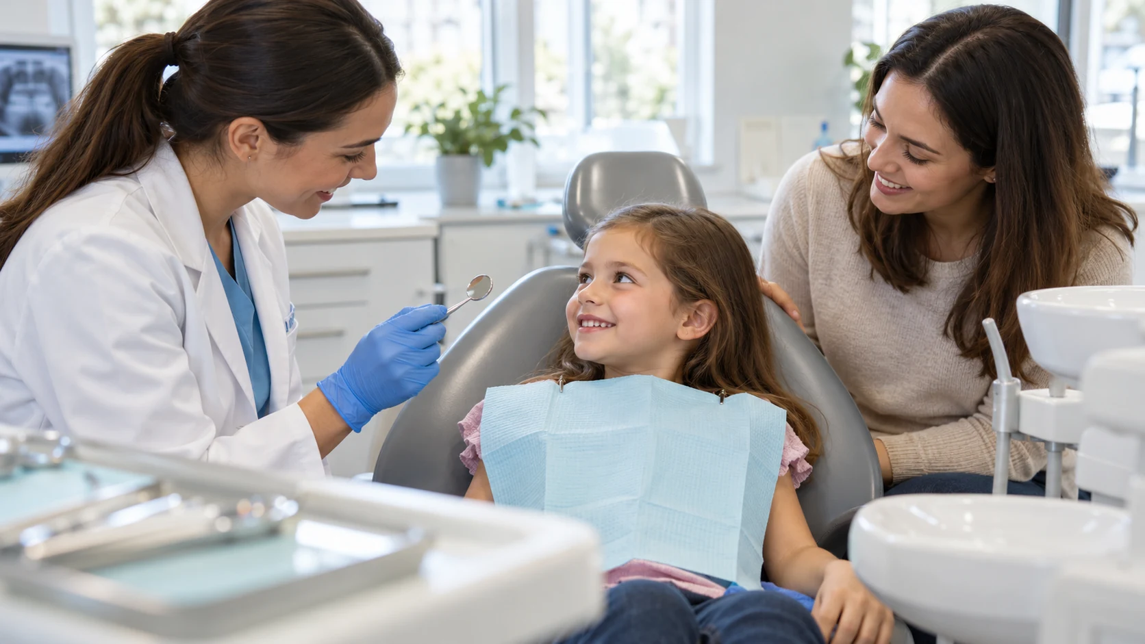 Dentistja i tregon pasqyrën dentare një fëmije ndërsa prindi e mbështet