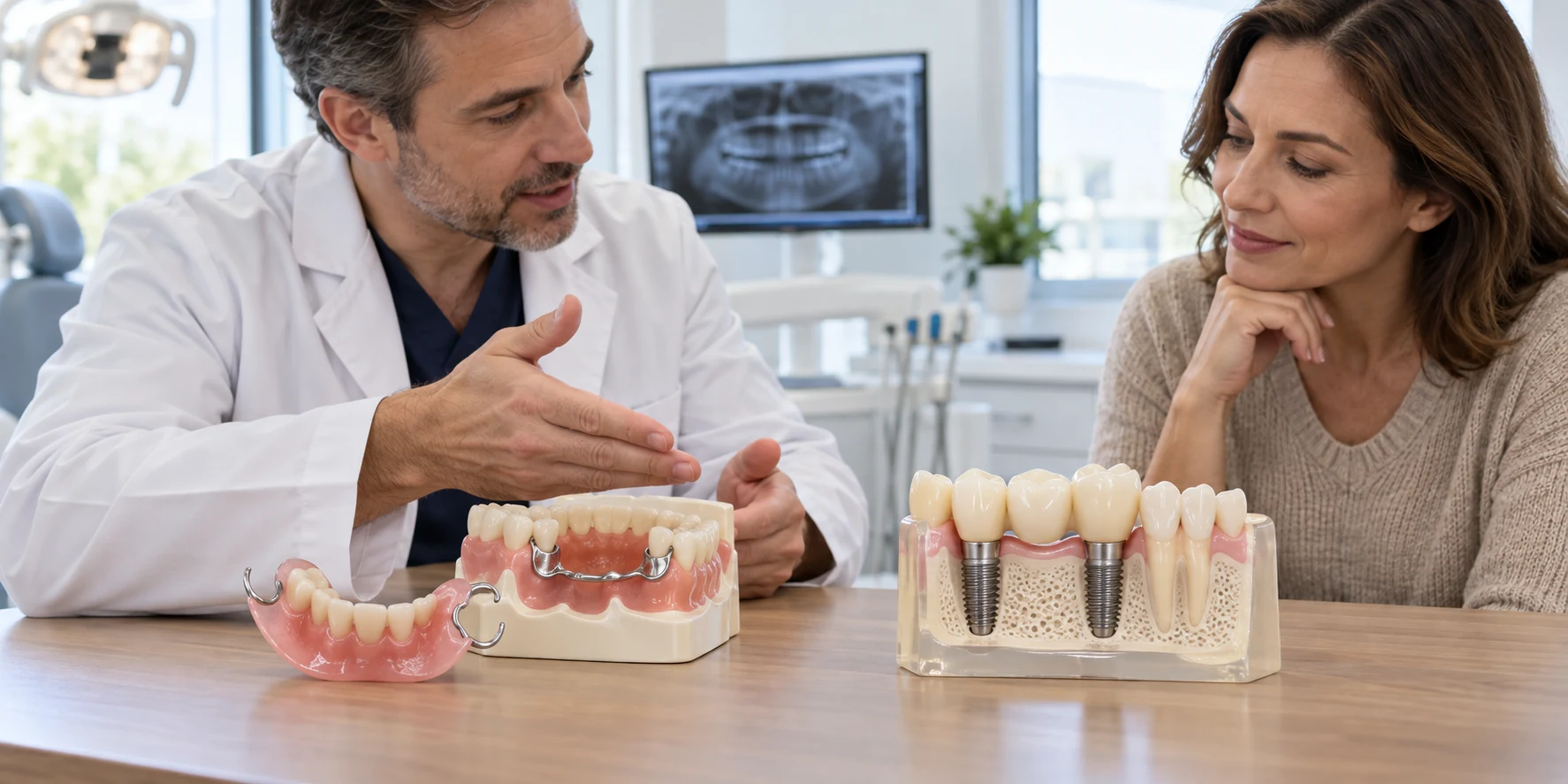Dentist explains fixed and removable tooth replacement options using dental models