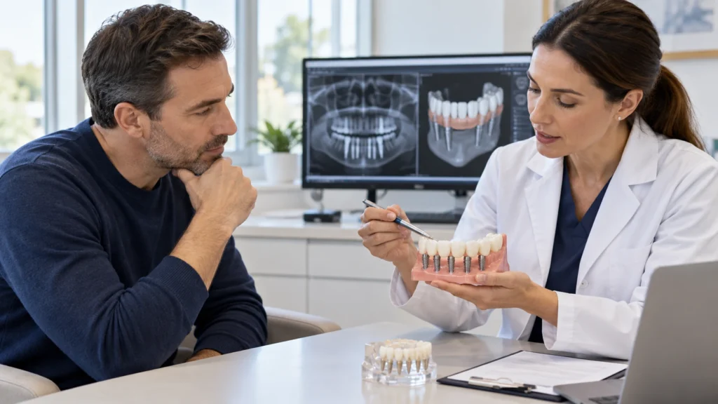 Patient and dental clinician reviewing a full arch implant treatment plan