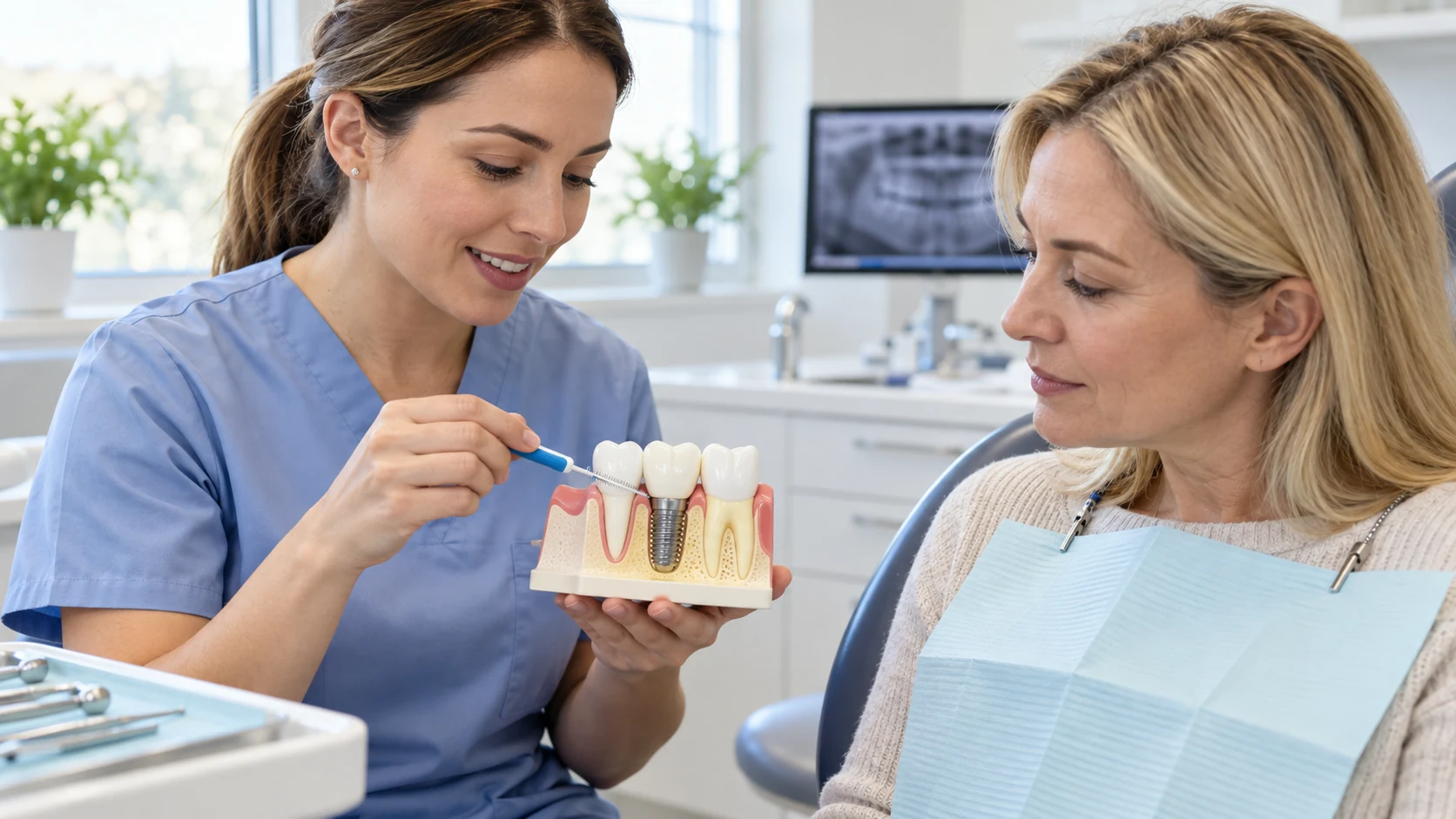 Dentist shows a patient how to clean around a dental implant restoration