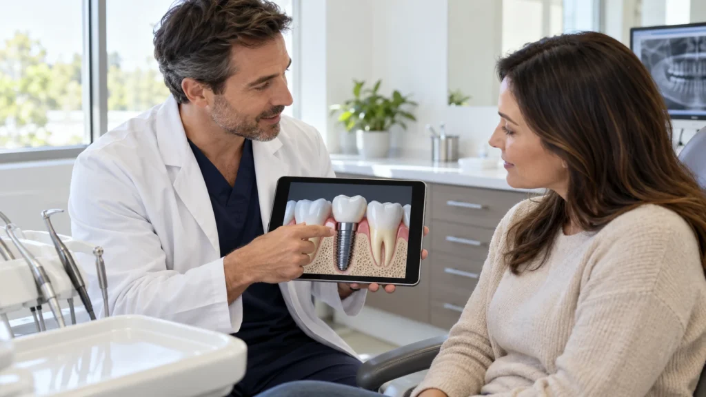 Dentist reviewing an implant treatment plan with a patient