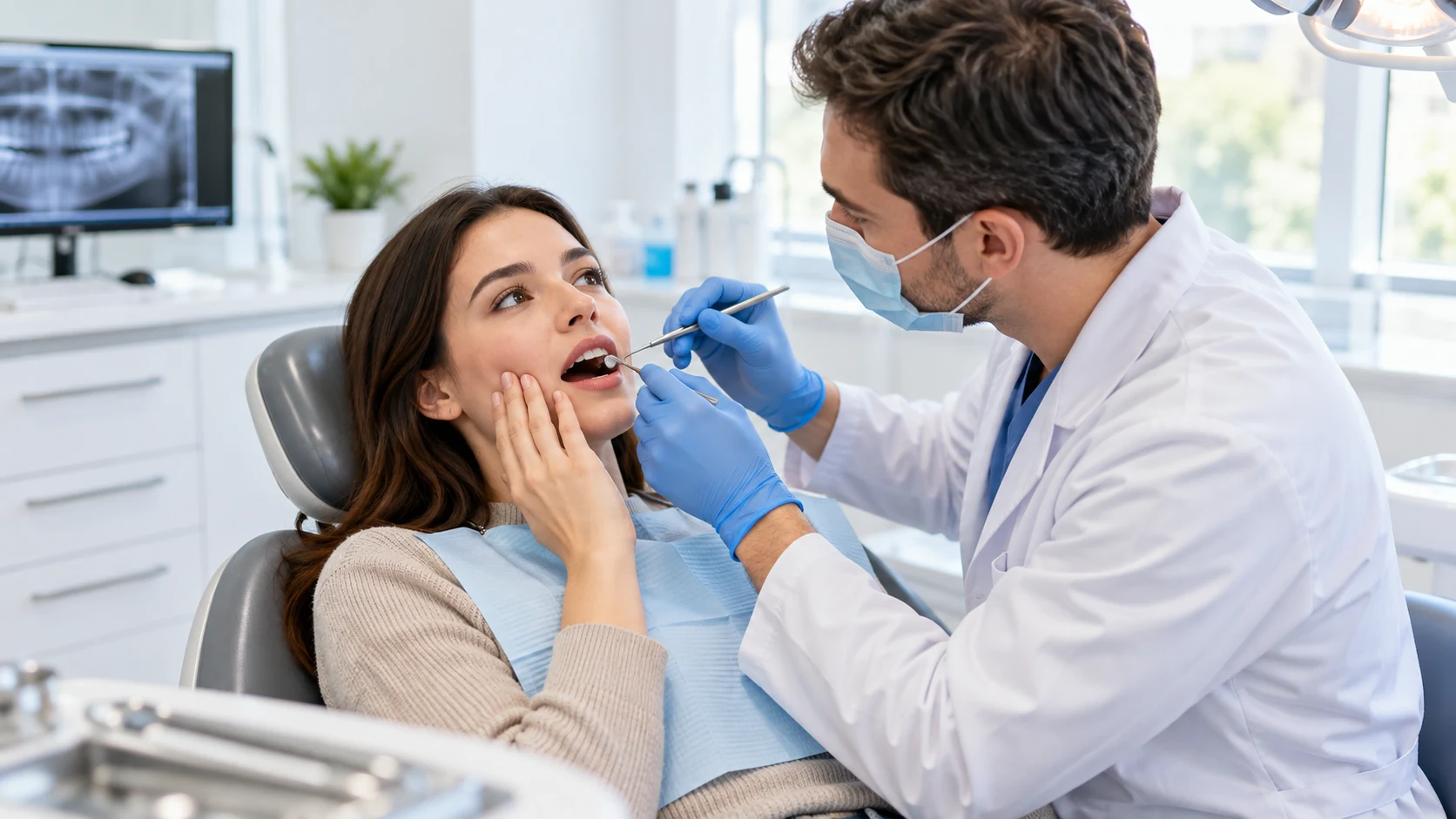 Dentist vlerëson me kujdes një pacient që ka dhimbje dhëmbi